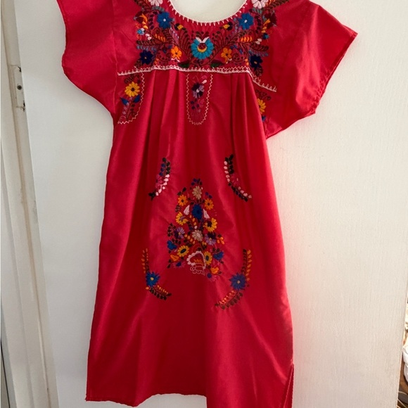 Handmade Dresses & Skirts - Vintage Mexican Red Embroidered Mini Dress Huipil handmade XS floral